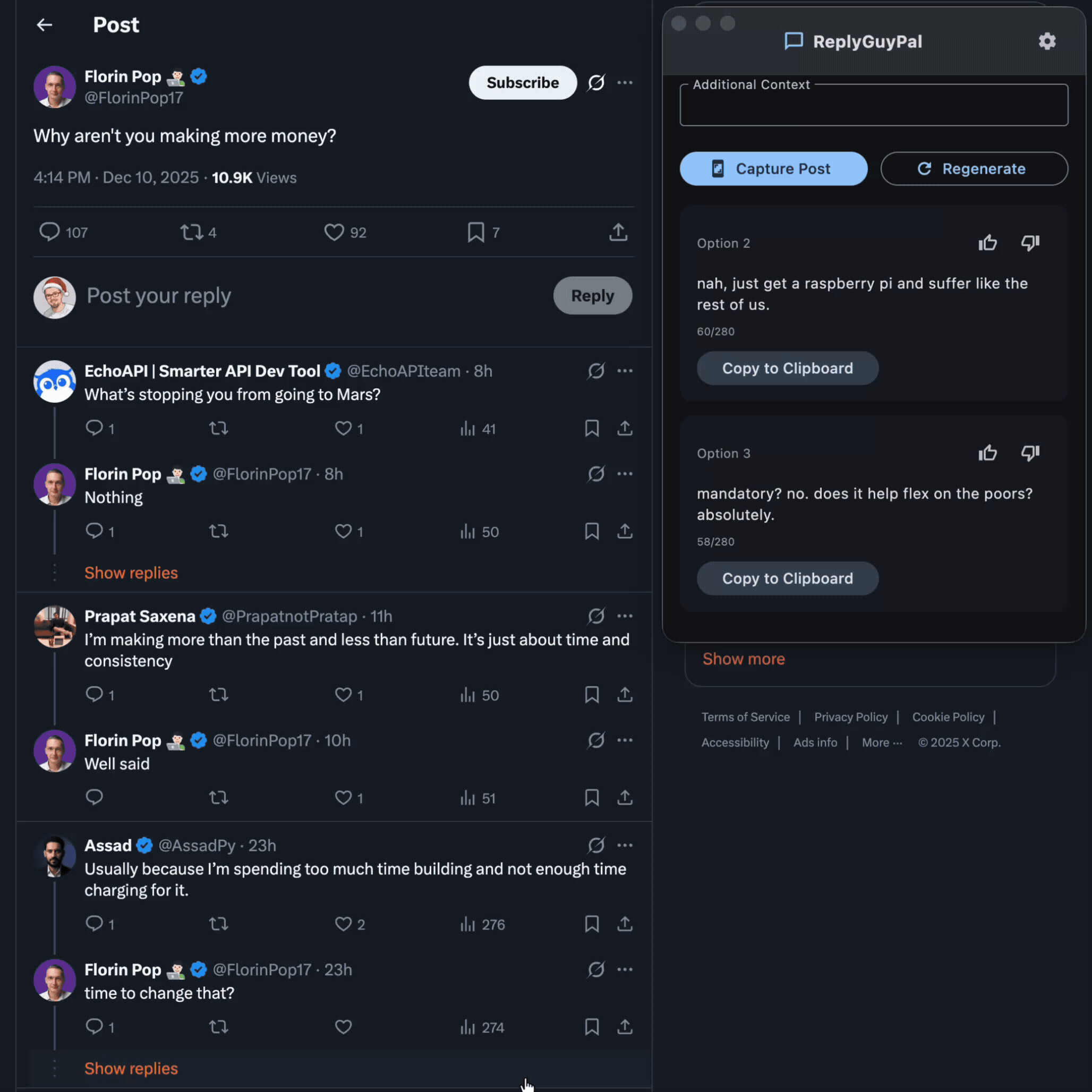 ReplyGuyPal app demo showing capture and reply generation workflow